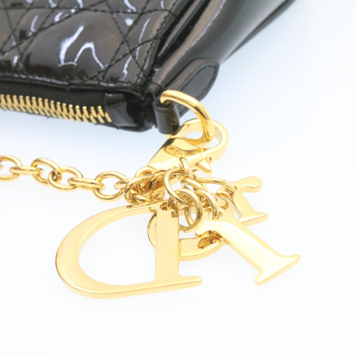 CHRISTIAN DIOR Chain Lady Dior Accessory Pouch Enamel Black Auth am427b
