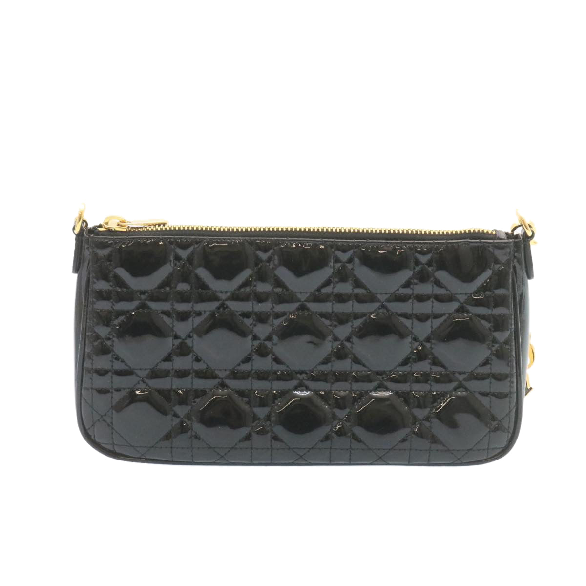 CHRISTIAN DIOR Chain Lady Dior Accessory Pouch Enamel Black Auth am427b