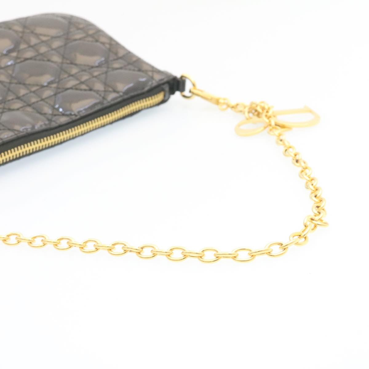 CHRISTIAN DIOR Chain Lady Dior Accessory Pouch Enamel Black Auth am427b