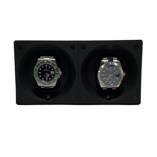 Masterbox Double Black Leather Watch Winder with White Stitching (2 Watches)