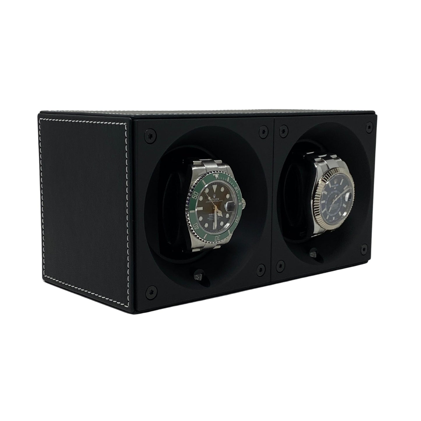 Masterbox Double Black Leather Watch Winder with White Stitching (2 Watches)