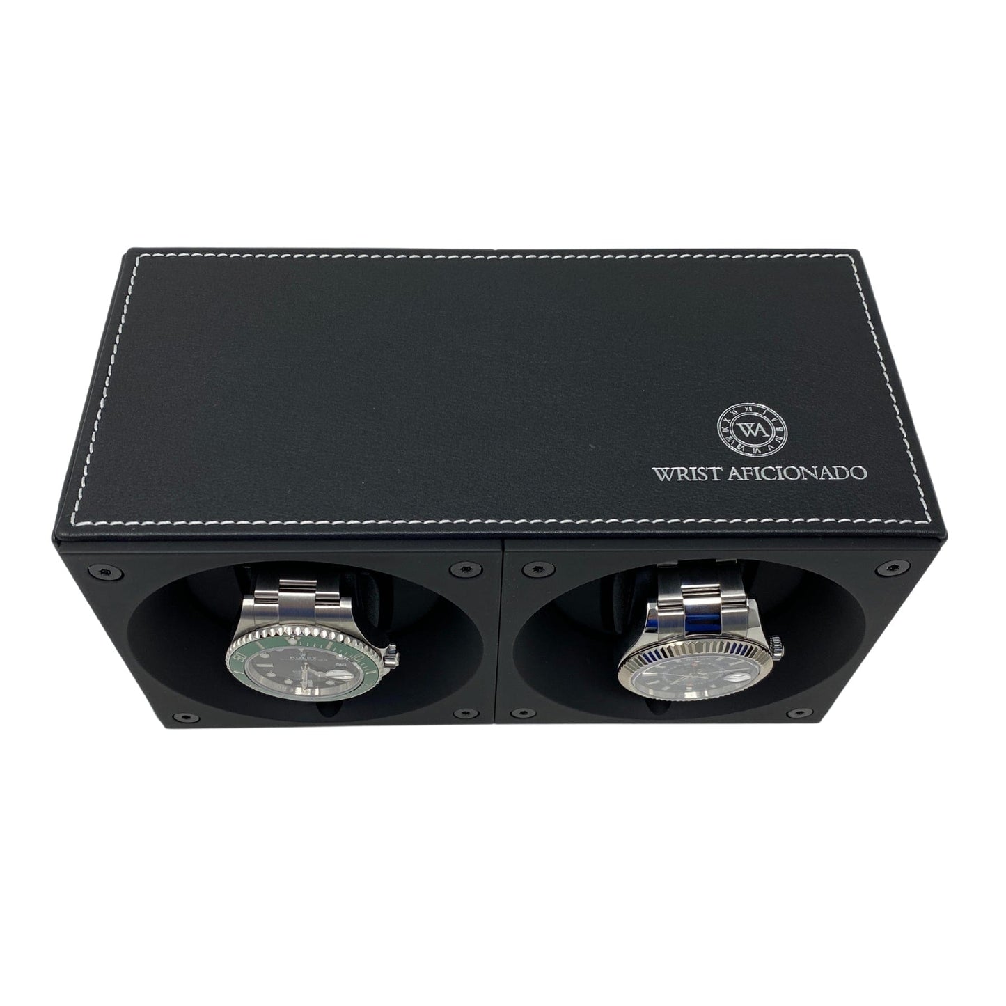 Masterbox Double Black Leather Watch Winder with White Stitching (2 Watches)