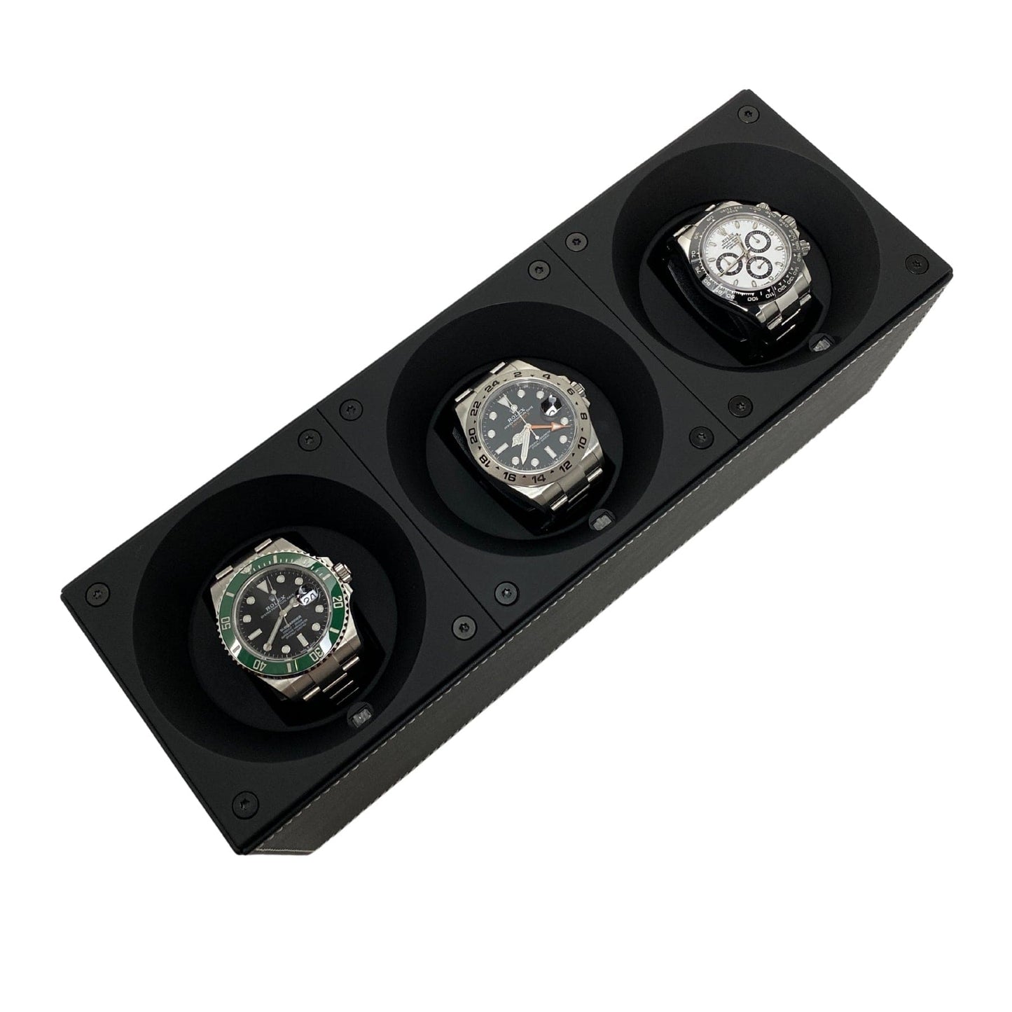 Masterbox Triple Black Leather Watch Winder with White Stitching (3 Watches)