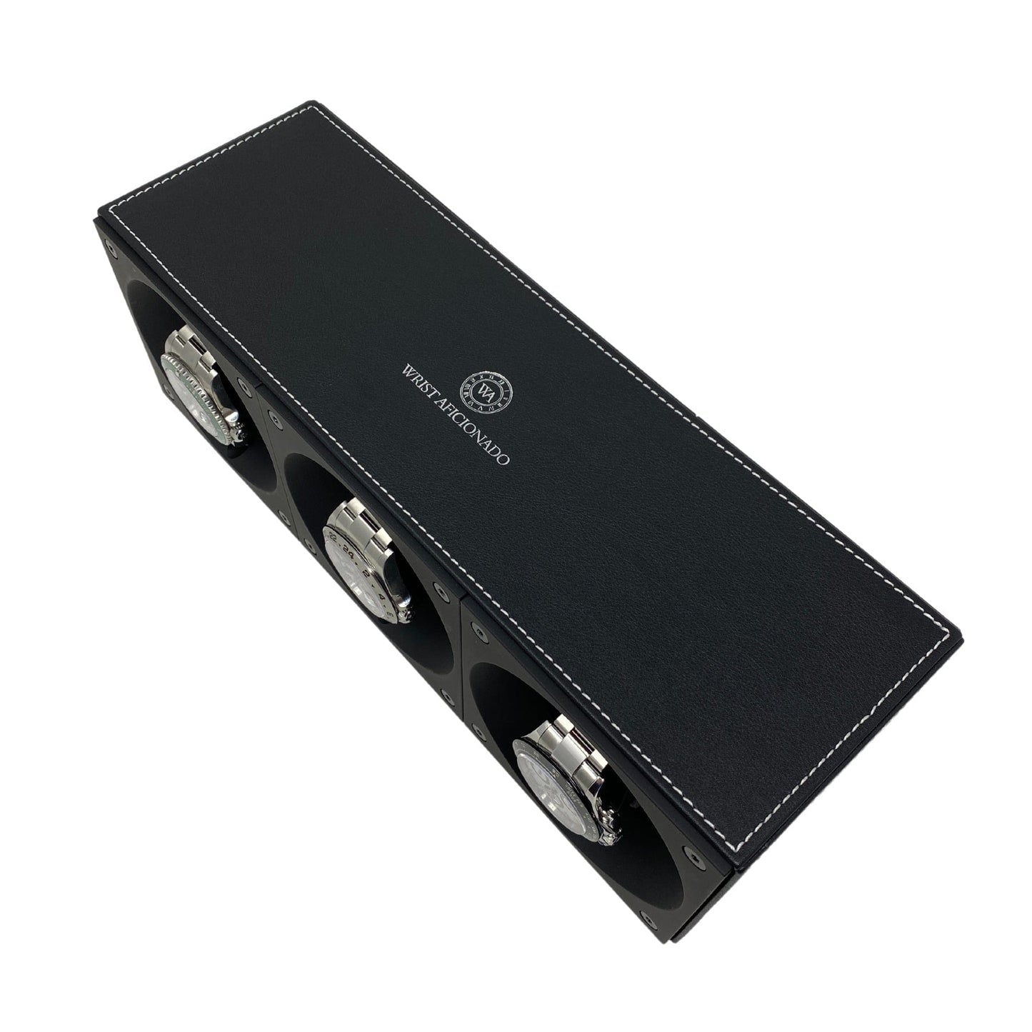 Masterbox Triple Black Leather Watch Winder with White Stitching (3 Watches)