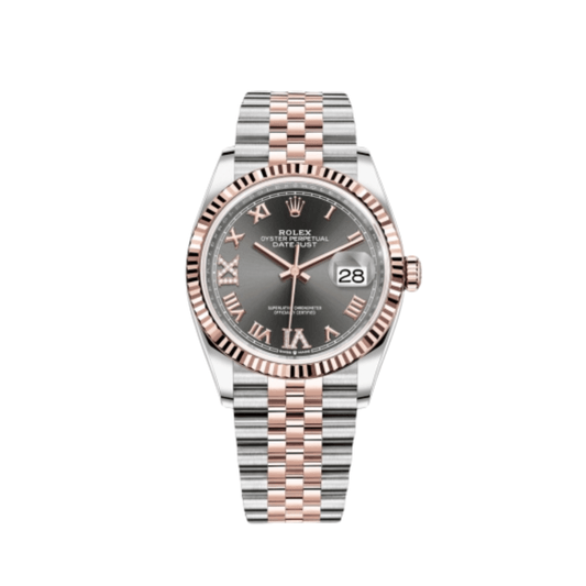 Rolex Datejust 36 126231 Rose Gold Stainless Steel Dark Rhodium Roman Numerals Diamond Dial Jubilee (2020)
