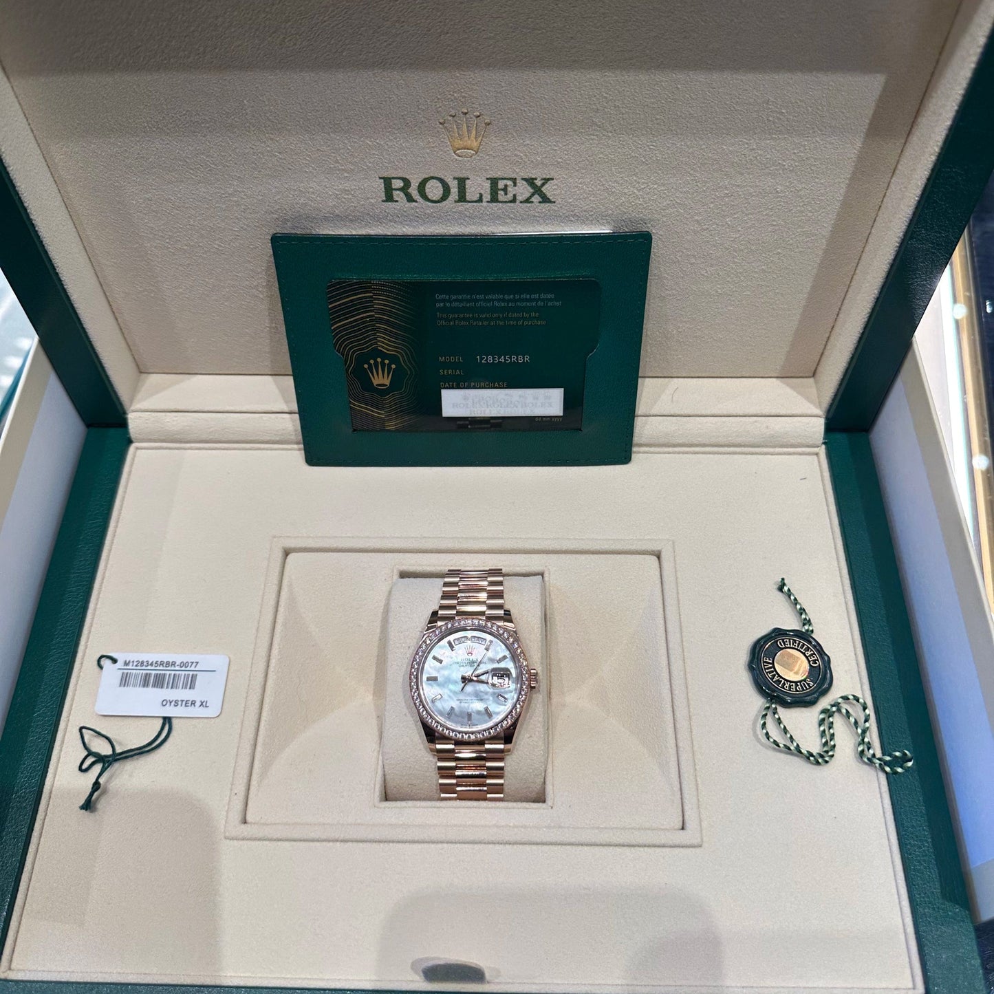 Rolex Day-Date 36 128345RBR Rose Gold Mother of Pearl Diamond Bezel