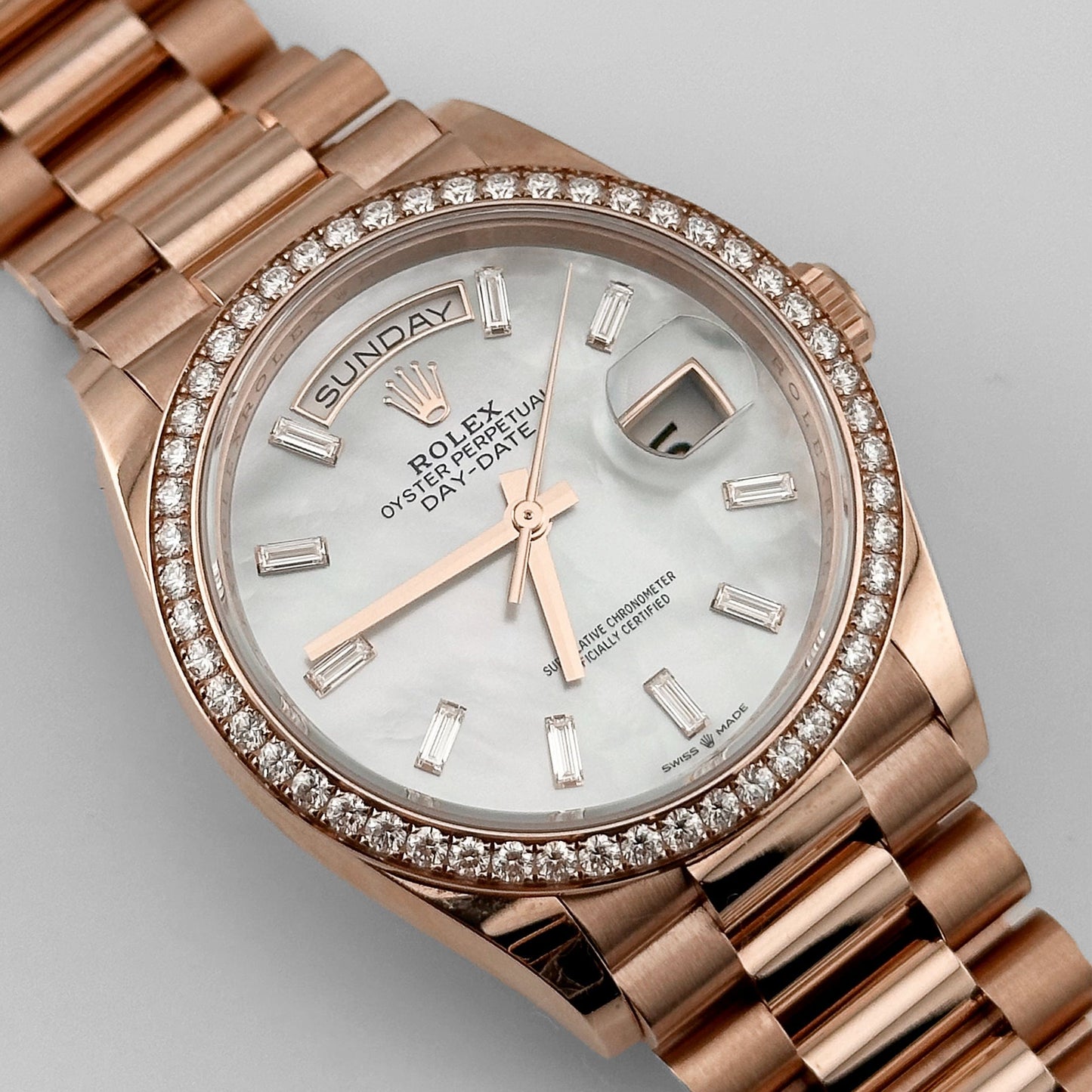 Rolex Day-Date 36 128345RBR Rose Gold Mother of Pearl Diamond Bezel