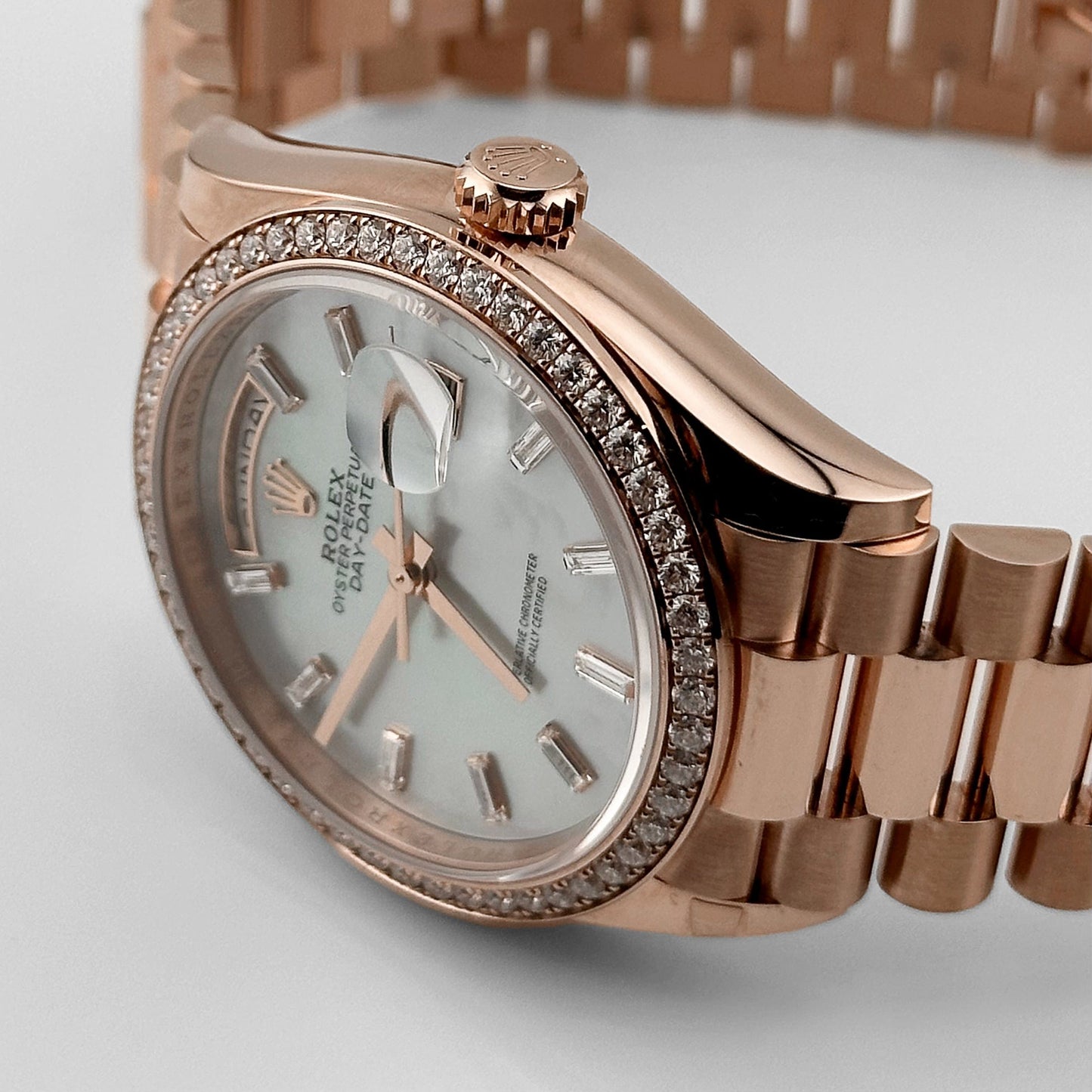 Rolex Day-Date 36 128345RBR Rose Gold Mother of Pearl Diamond Bezel