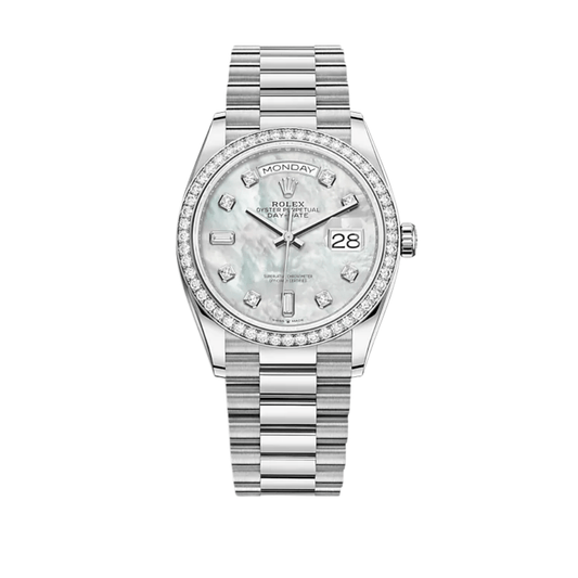 Rolex Day-Date 36 128349RBR White Gold Diamond Bezel Mother of Pearl Diamond Dial