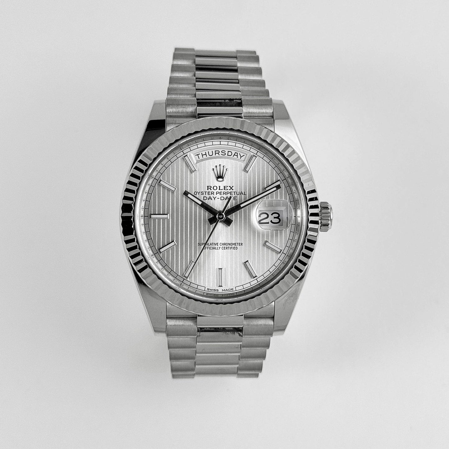 Rolex-Day Date 40 228239 White Gold Silver Stripe Motif Dial (2018)