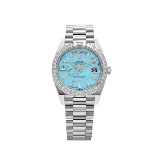 Rolex Day-Date 40 228396TBR Platinum Turquoise Stone Diamond Dial Diamond Bezel