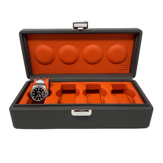 Wrist Aficionado Grey and Orange Leather Watch Box for 4 Watches